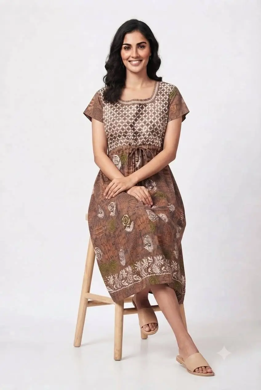 LCF CHIKAN EMBROIDERY PRINTED FROCK - BROWN view 4