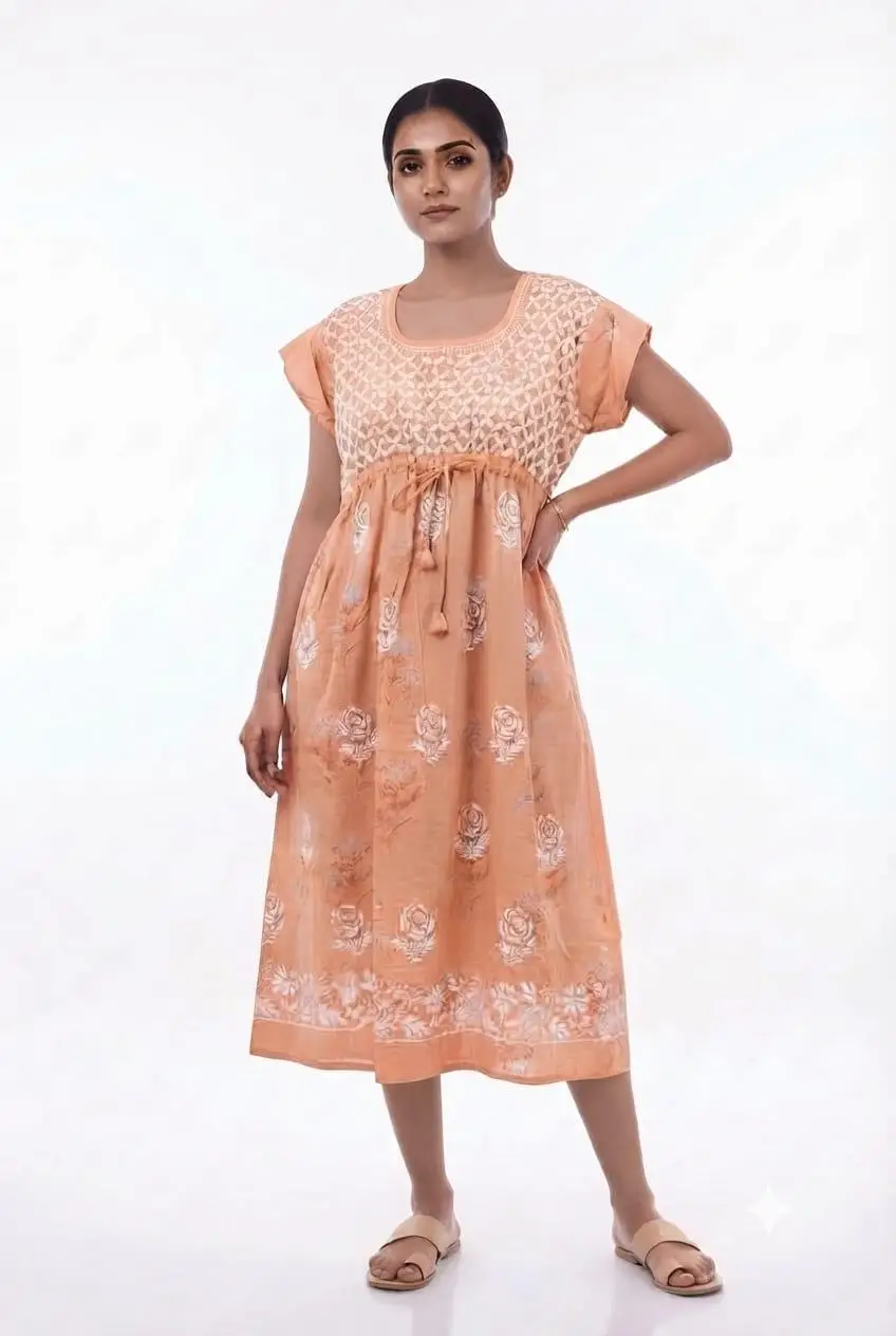 LCF CHIKAN EMBROIDERY PRINTED FROCK - PEACH view 2
