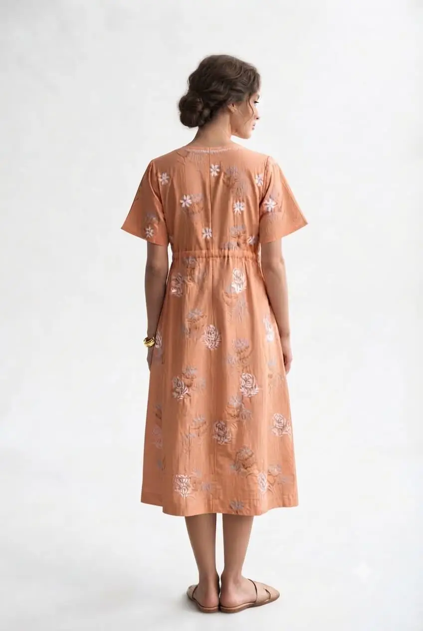 LCF CHIKAN EMBROIDERY PRINTED FROCK - PEACH view 3