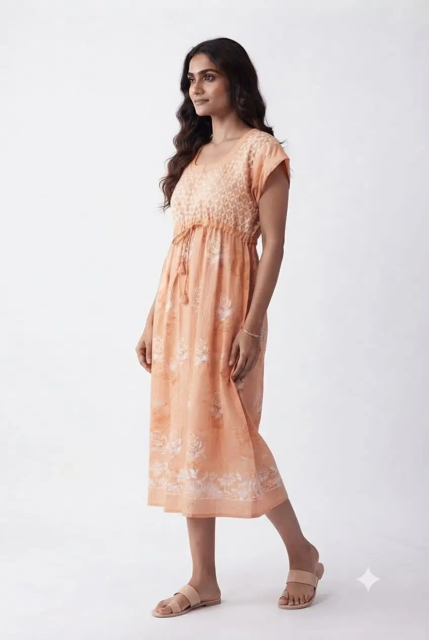 LCF CHIKAN EMBROIDERY PRINTED FROCK - PEACH view 4