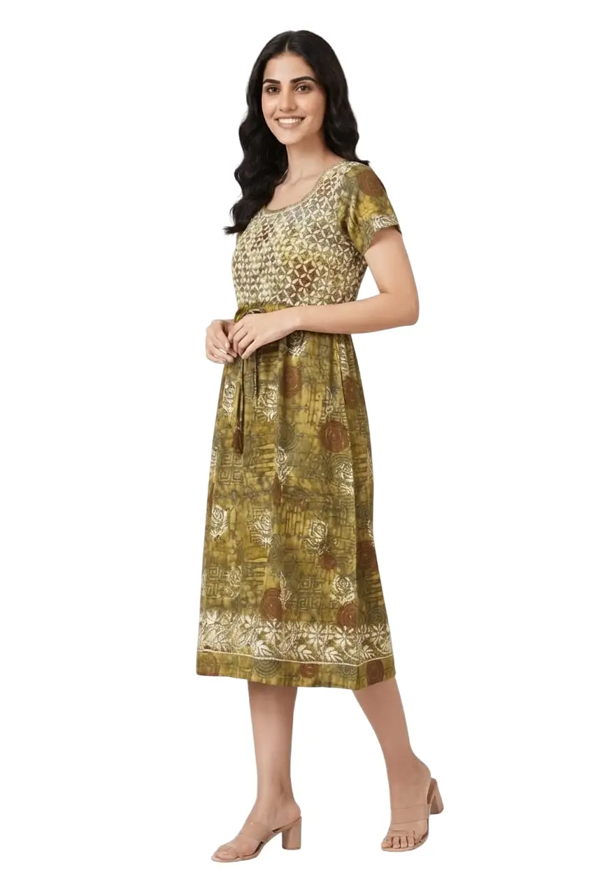 LCF CHIKAN EMBROIDERY PRINTED FROCK - MEHNDI GREEN