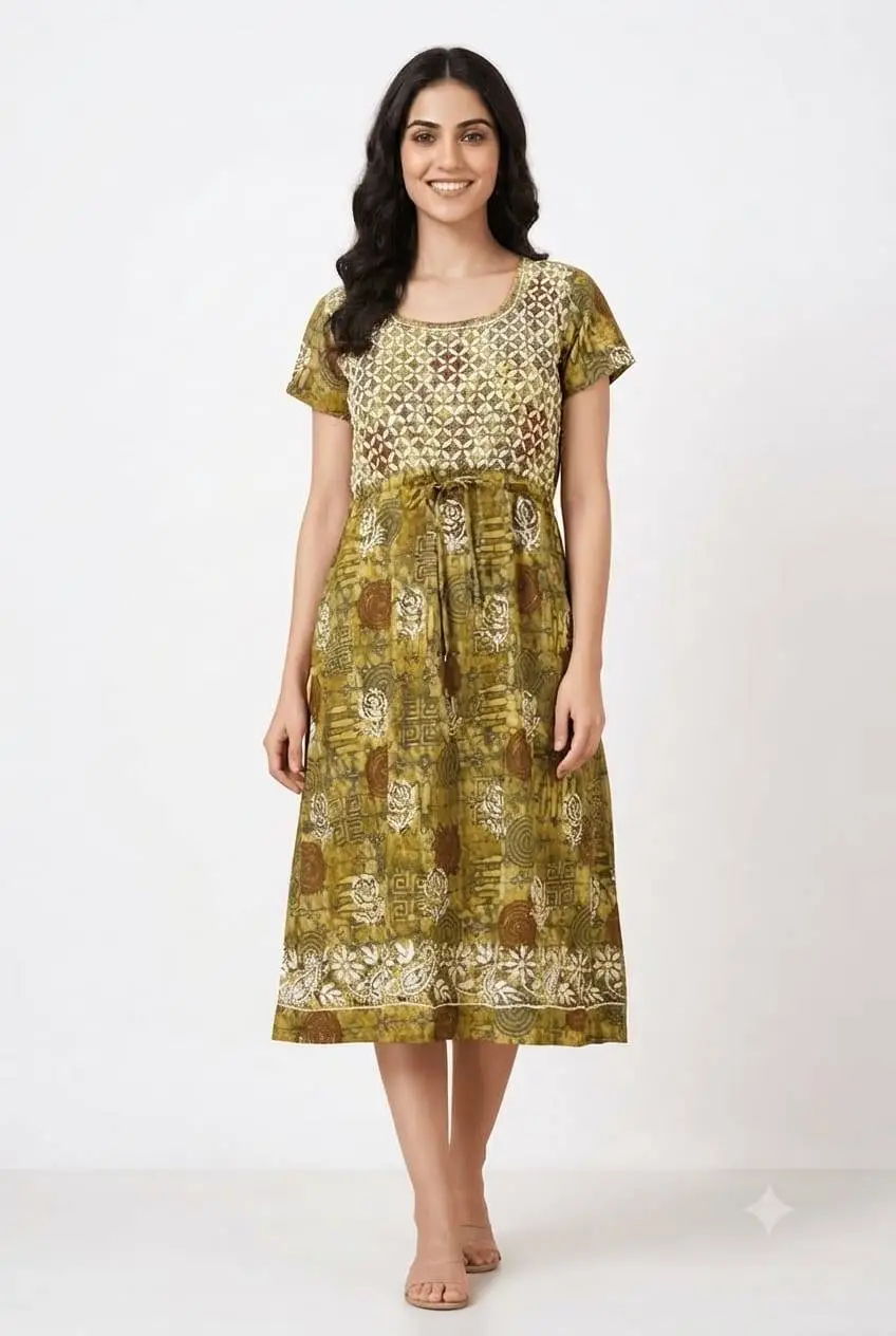 LCF CHIKAN EMBROIDERY PRINTED FROCK - MEHNDI GREEN view 2