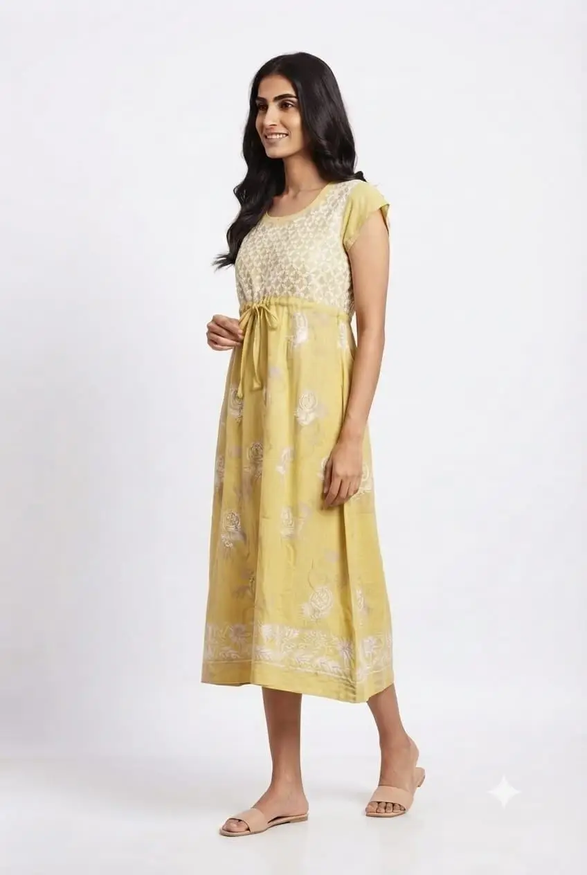 LCF CHIKAN EMBROIDERY PRINTED FROCK - YELLOW view 2