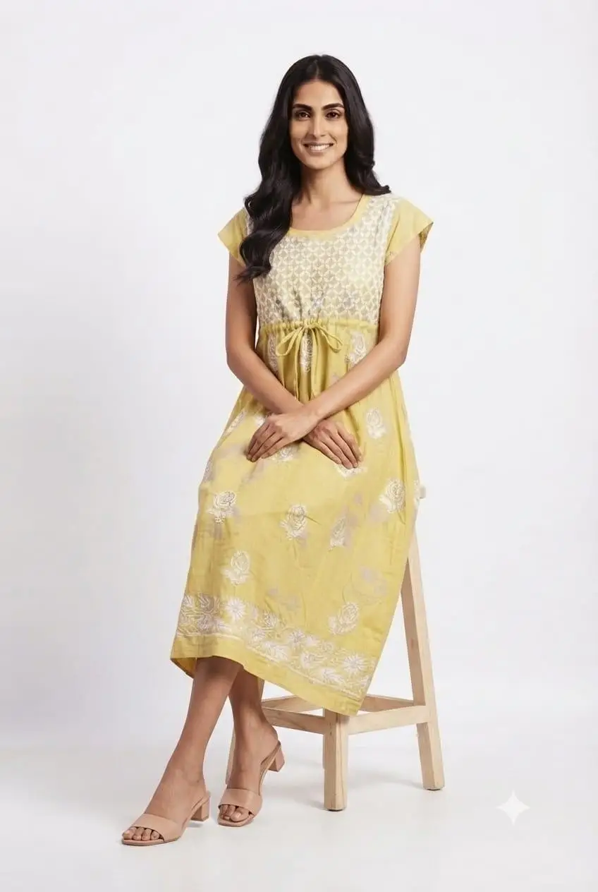 LCF CHIKAN EMBROIDERY PRINTED FROCK - YELLOW view 4