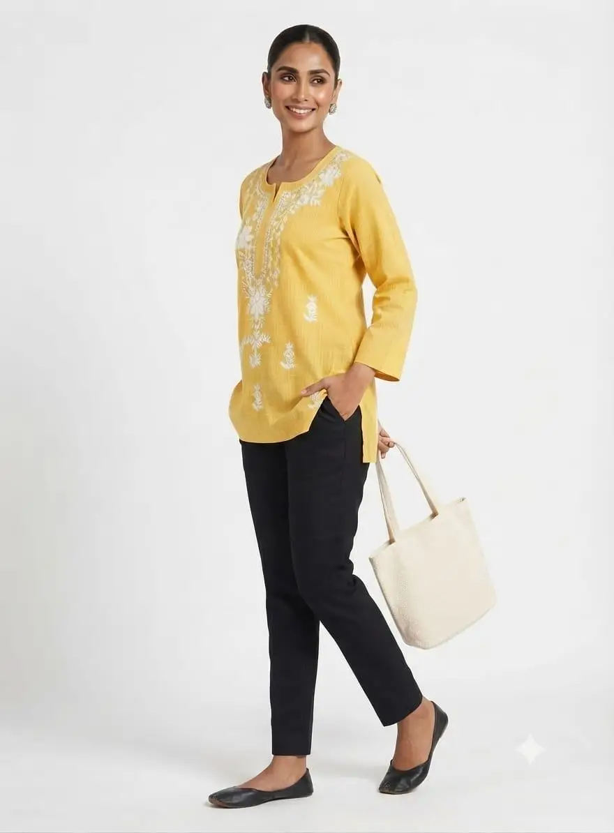 LCF LINING COTTON SHORT KURTI - YELLOW view 2