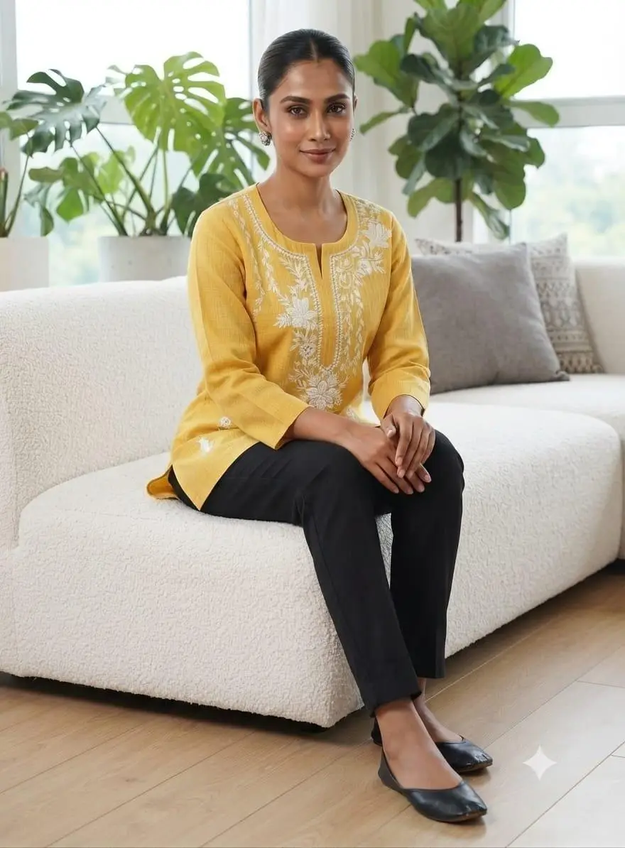 LCF LINING COTTON SHORT KURTI - YELLOW view 4