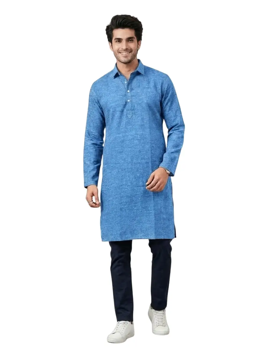 LCF PLAIN KHADI COTTON MENS KURTA - BLUE