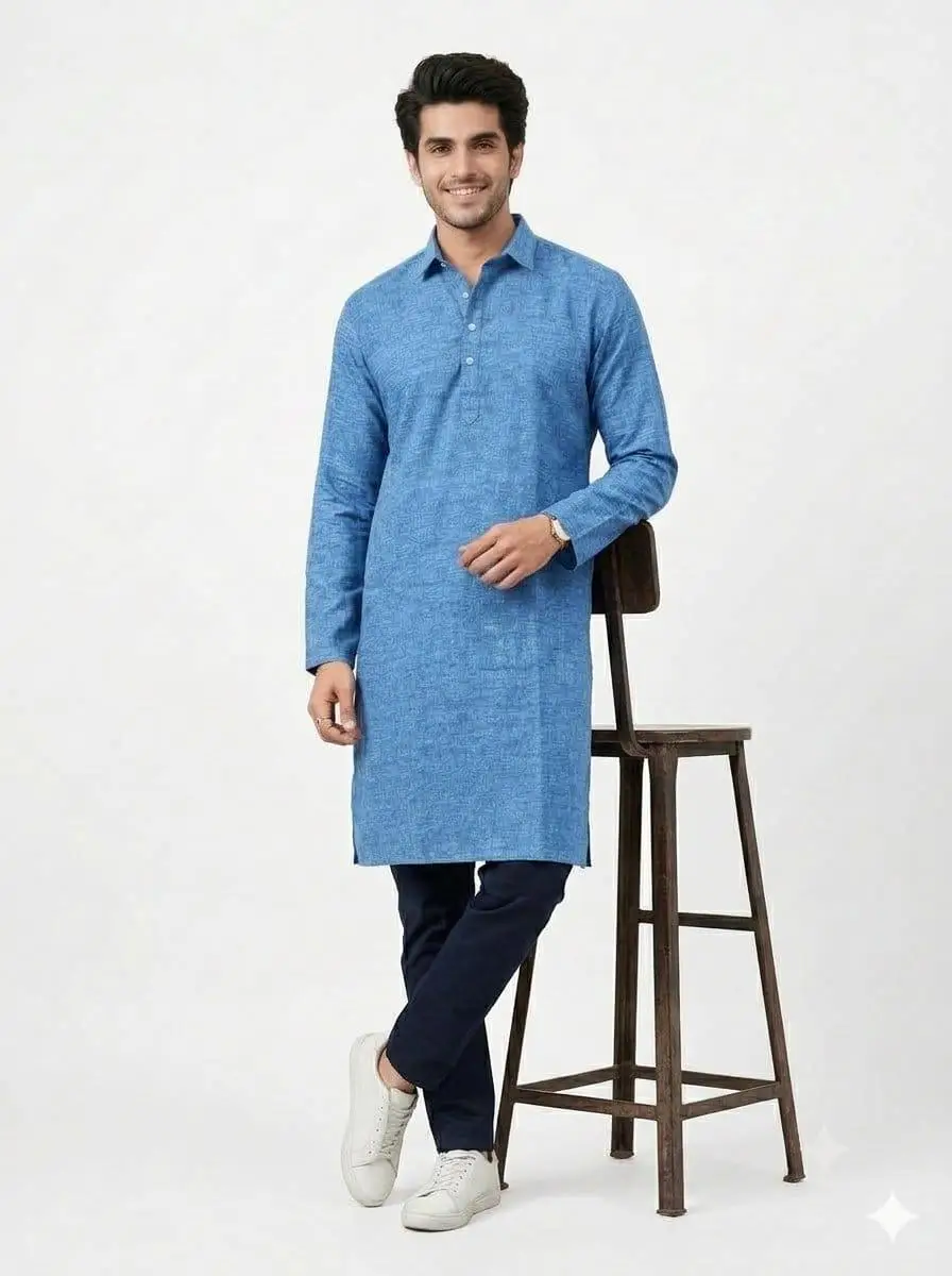 LCF PLAIN KHADI COTTON MENS KURTA - BLUE view 2