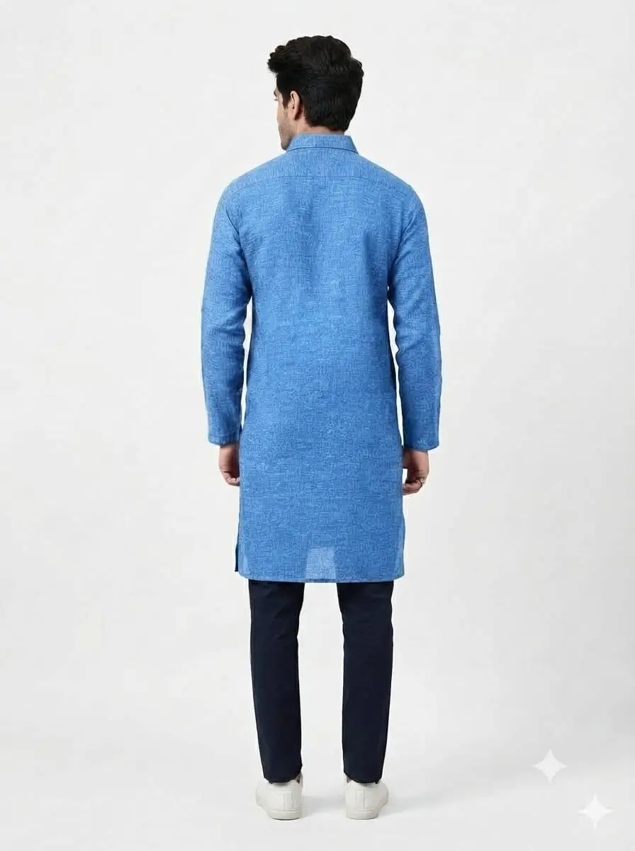 LCF PLAIN KHADI COTTON MENS KURTA - BLUE view 3