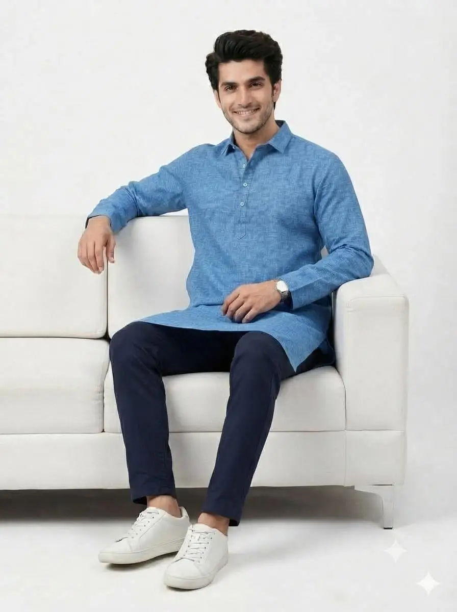 LCF PLAIN KHADI COTTON MENS KURTA - BLUE view 4