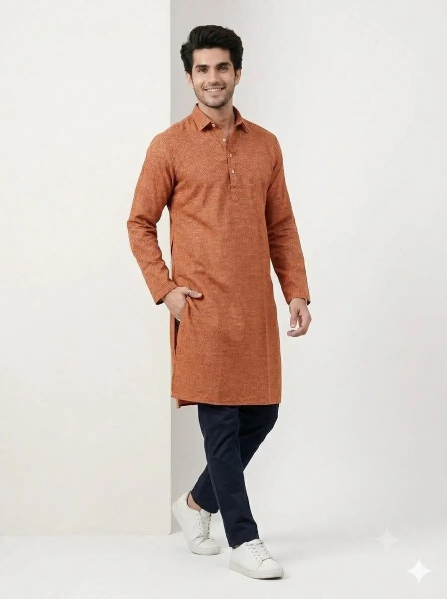 LCF PLAIN KHADI COTTON MENS KURTA - BROWN view 2