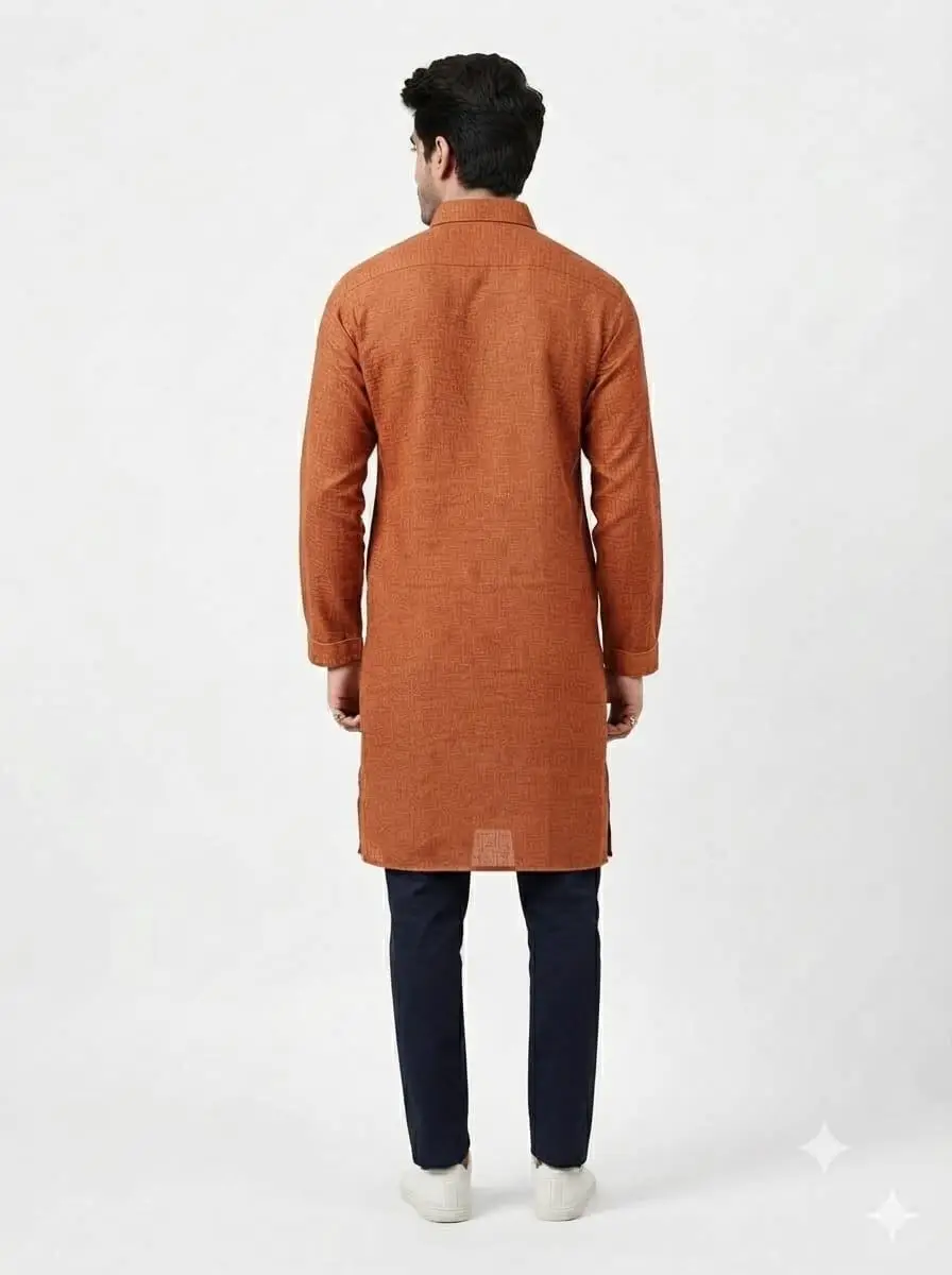 LCF PLAIN KHADI COTTON MENS KURTA - BROWN view 3