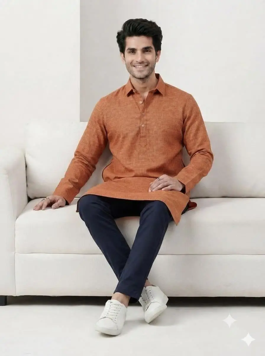 LCF PLAIN KHADI COTTON MENS KURTA - BROWN view 4