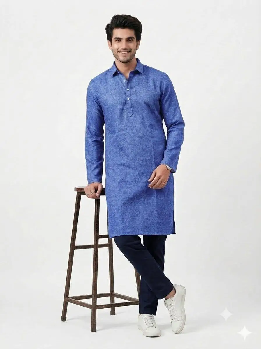 LCF PLAIN KHADI COTTON MENS KURTA - DARK BLUE view 2