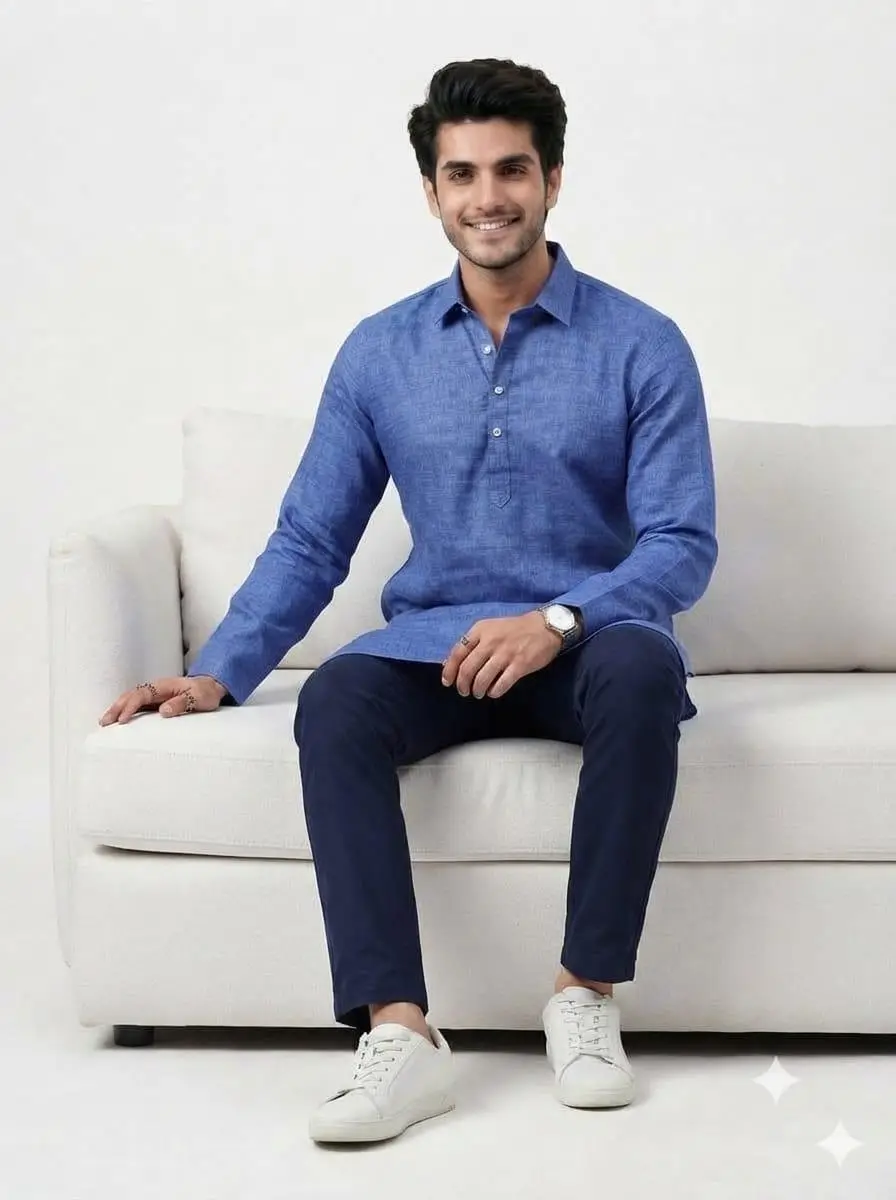 LCF PLAIN KHADI COTTON MENS KURTA - DARK BLUE view 4