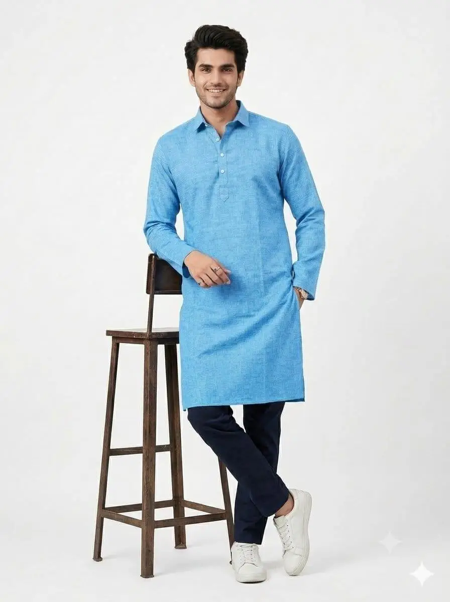 LCF PLAIN KHADI COTTON MENS KURTA - LIGHT BLUE view 2