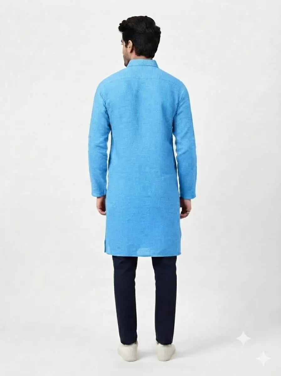 LCF PLAIN KHADI COTTON MENS KURTA - LIGHT BLUE view 3