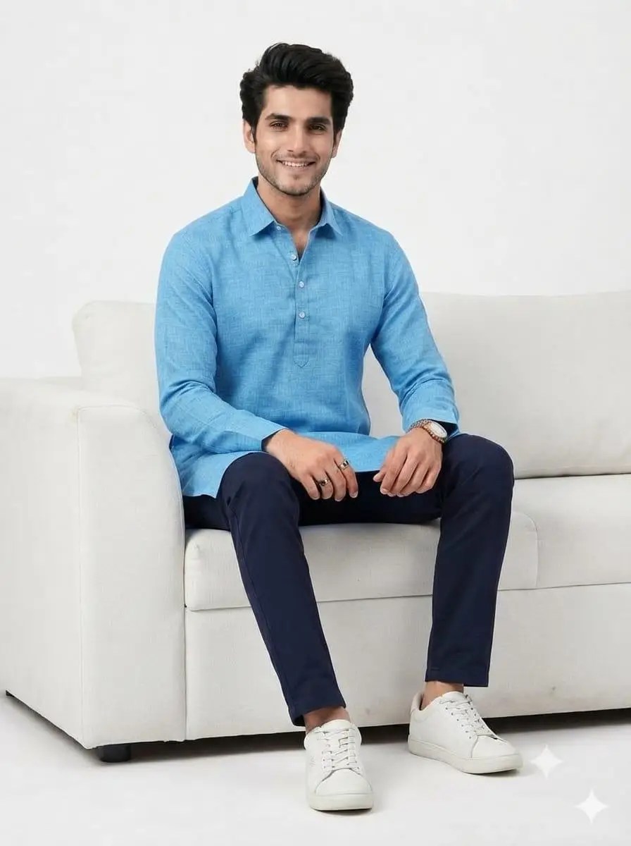 LCF PLAIN KHADI COTTON MENS KURTA - LIGHT BLUE view 4