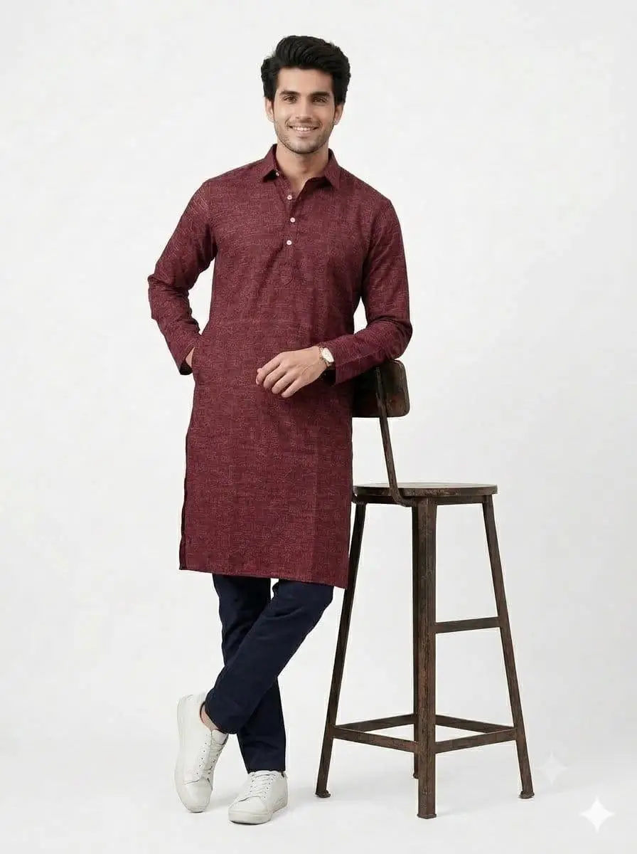LCF PLAIN KHADI COTTON MENS KURTA - MAROON view 2