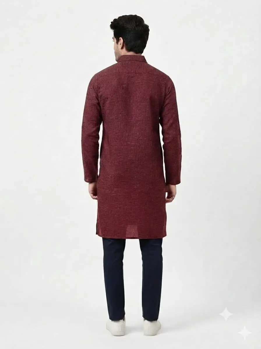 LCF PLAIN KHADI COTTON MENS KURTA - MAROON view 3