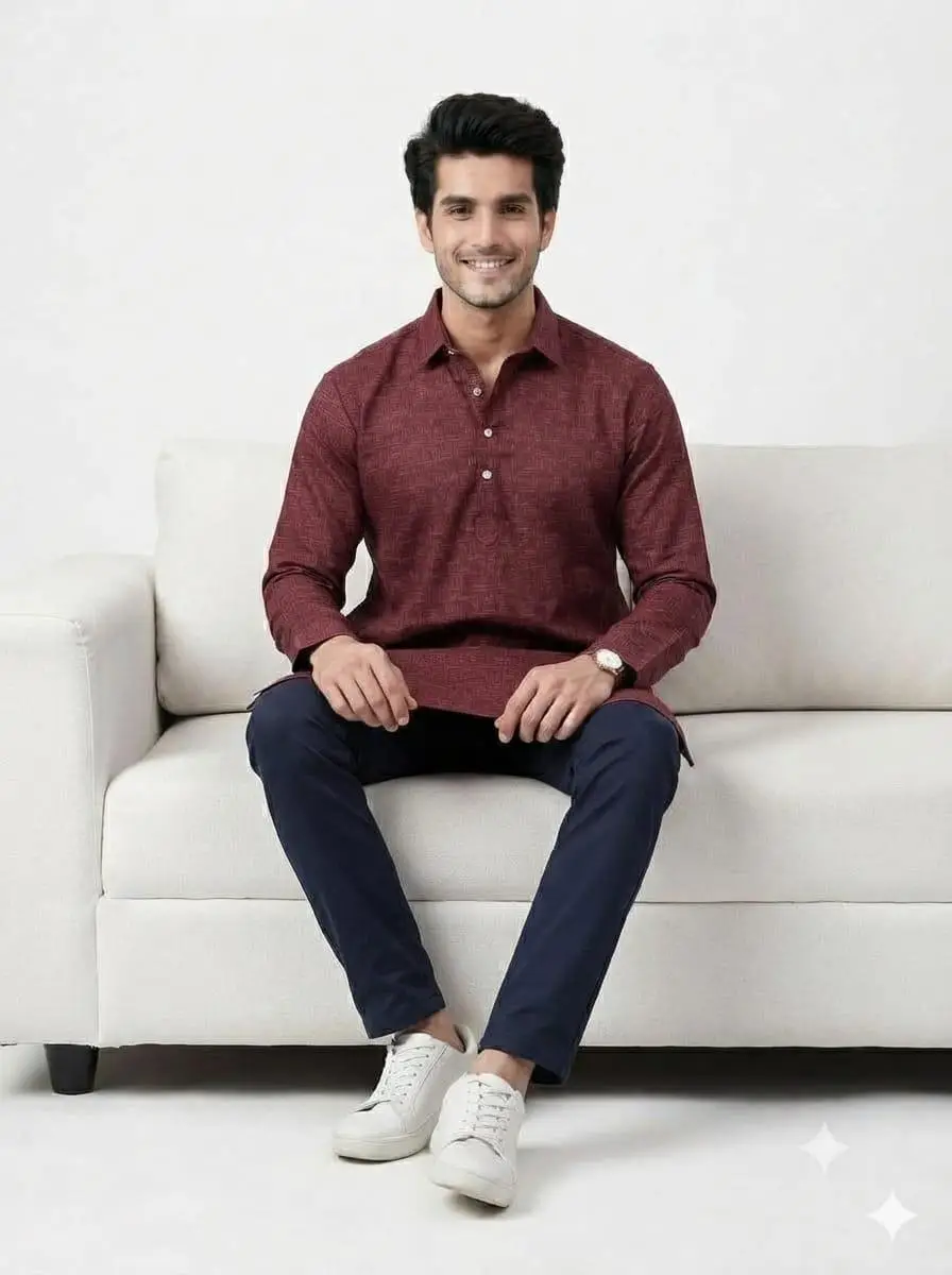 LCF PLAIN KHADI COTTON MENS KURTA - MAROON view 4