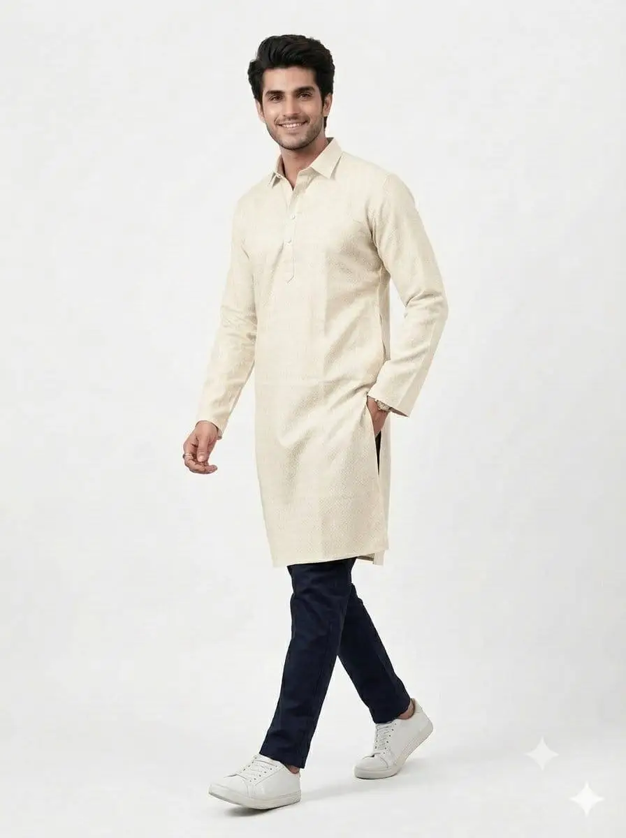 LCF PLAIN KHADI COTTON MENS KURTA - OFF WHITE view 2