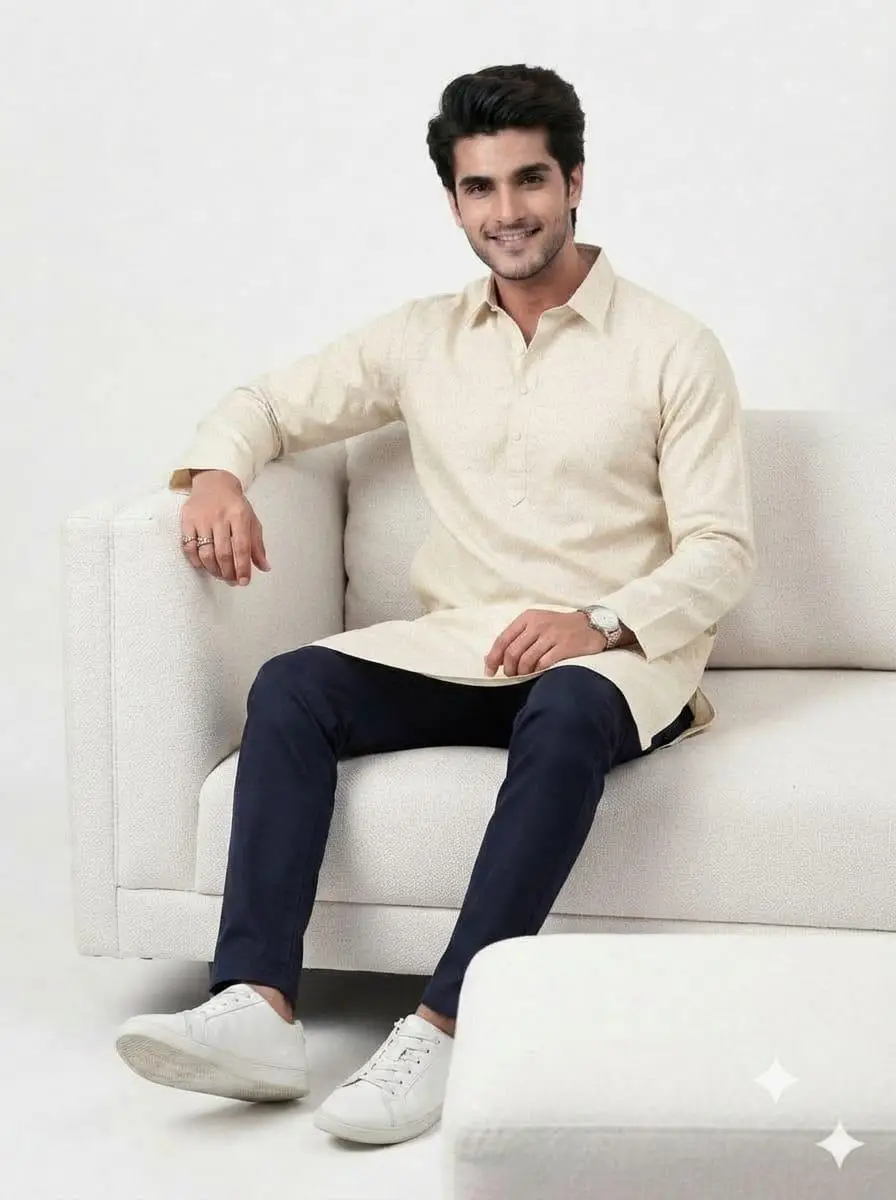LCF PLAIN KHADI COTTON MENS KURTA - OFF WHITE view 4