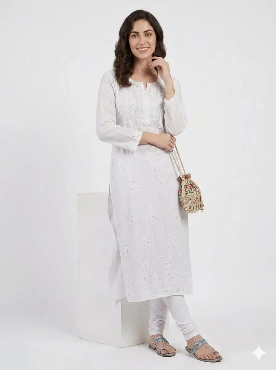 LCF CHIKAN EMBROIDERY MASLIN LONG KURTI WITH SEQUENCE WORK -WHITE