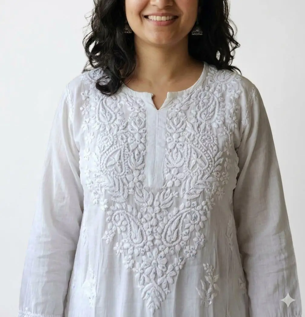 LCF CHIKAN EMBROIDERY MASLIN LONG KURTI WITH SEQUENCE WORK -WHITE view 2