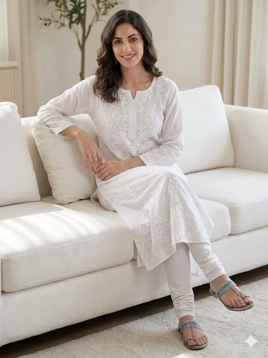 LCF CHIKAN EMBROIDERY MASLIN LONG KURTI WITH SEQUENCE WORK -WHITE view 3