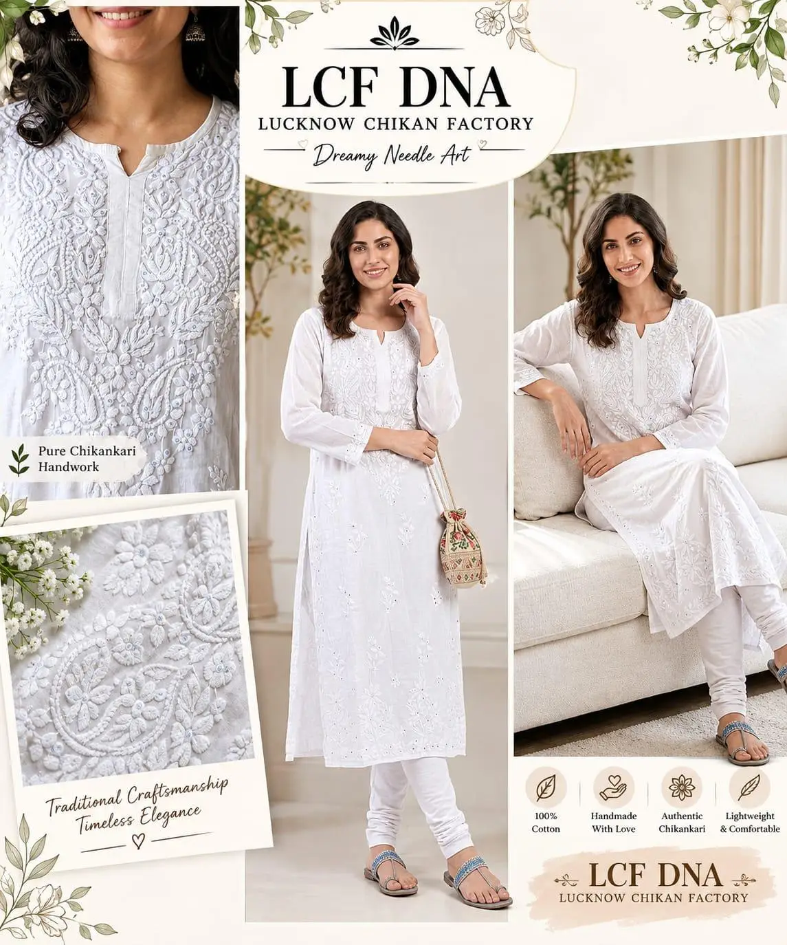 LCF CHIKAN EMBROIDERY MASLIN LONG KURTI WITH SEQUENCE WORK -WHITE view 4