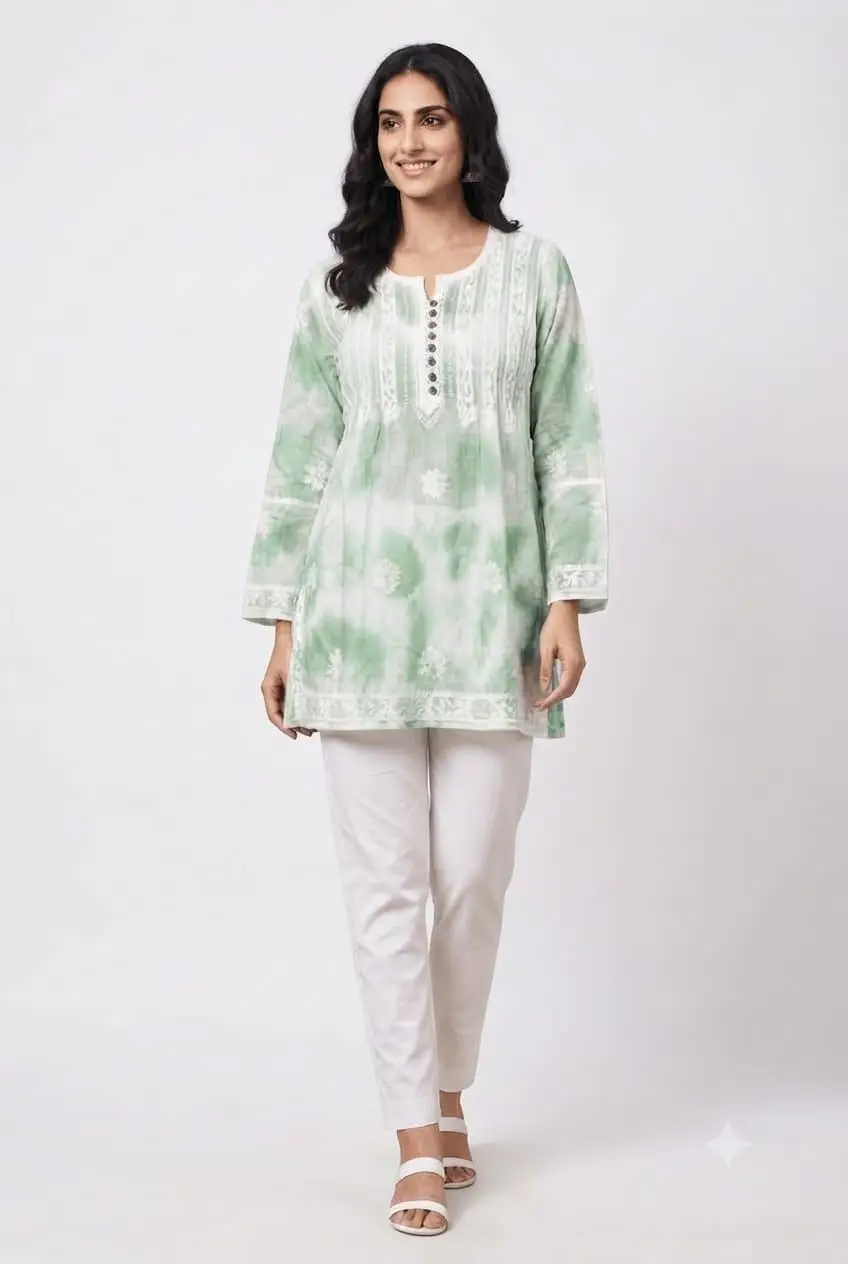 CHIKAN EMBROIDERY MAL COTTON FROCK STYLE TOP - GREEN