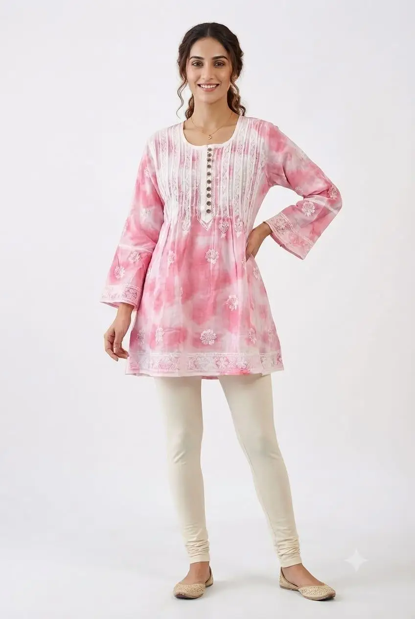 CHIKAN EMBROIDERY MAL COTTON FROCK STYLE TOP - PINK