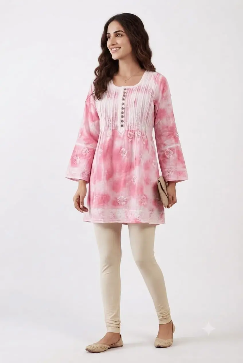 CHIKAN EMBROIDERY MAL COTTON FROCK STYLE TOP - PINK view 2