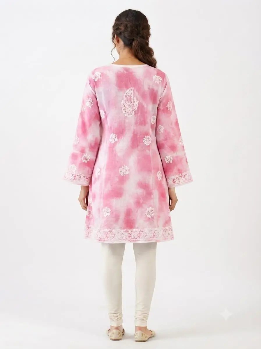 CHIKAN EMBROIDERY MAL COTTON FROCK STYLE TOP - PINK view 3