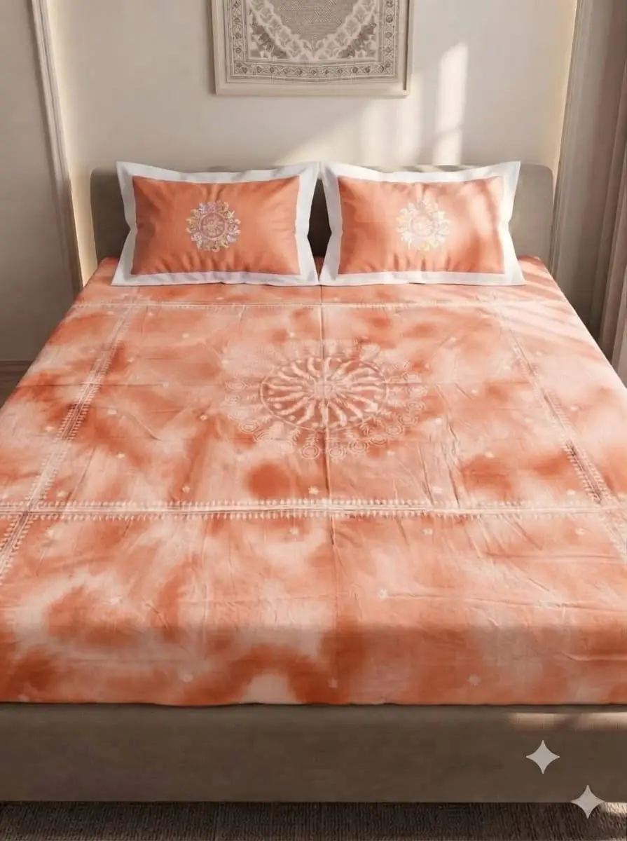 LCF CHIKAN EMBROIDERY CENTURY COTTON BEDSHEET - ORANGE