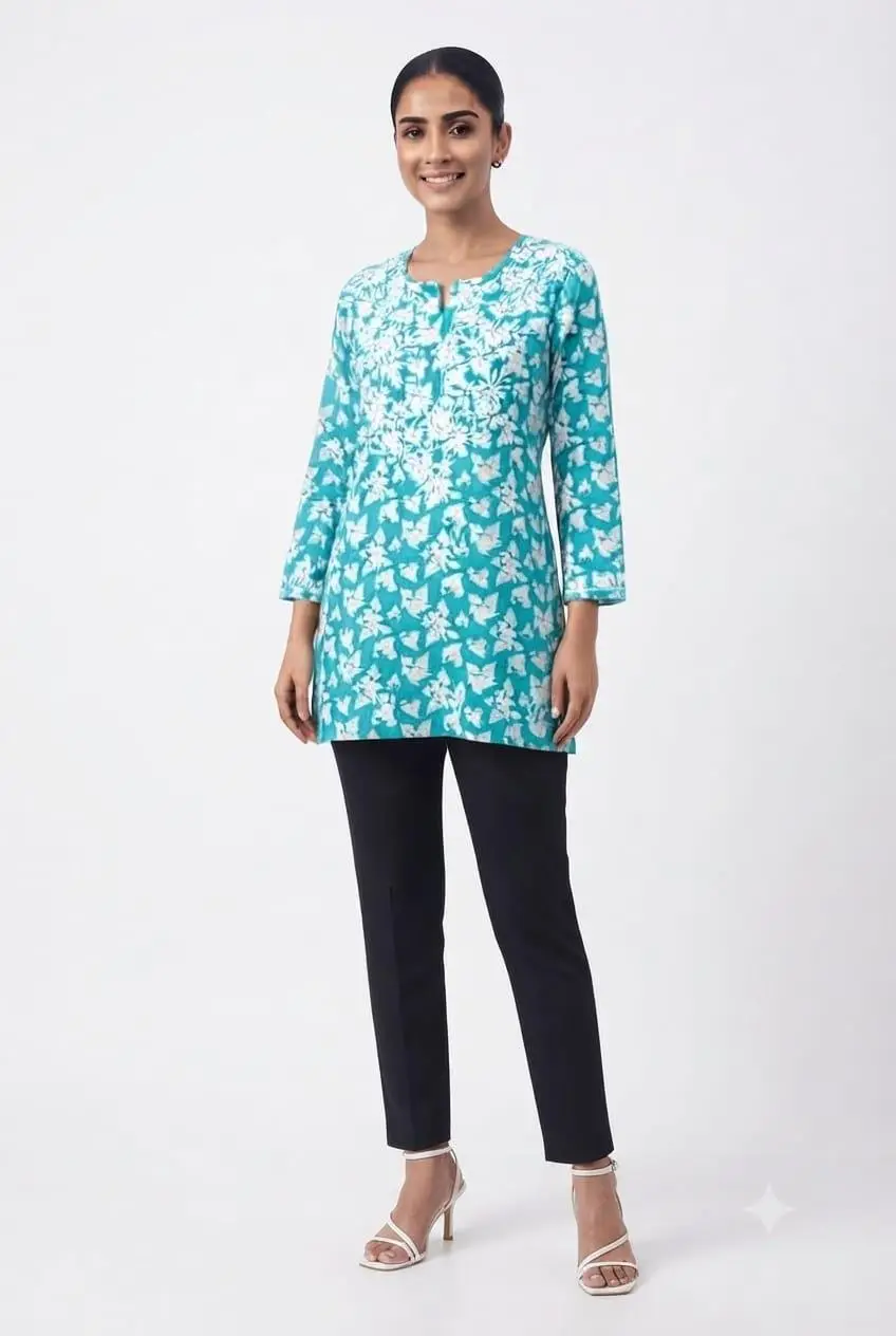 LCF CHIKAN EMBROIDERY PRINTED SHORT TOP - BLUE