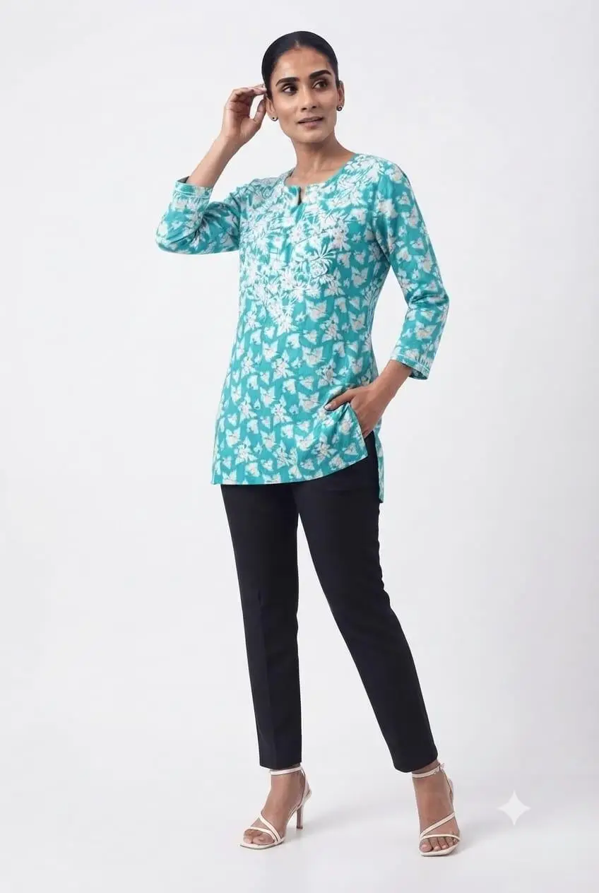LCF CHIKAN EMBROIDERY PRINTED SHORT TOP - BLUE view 2