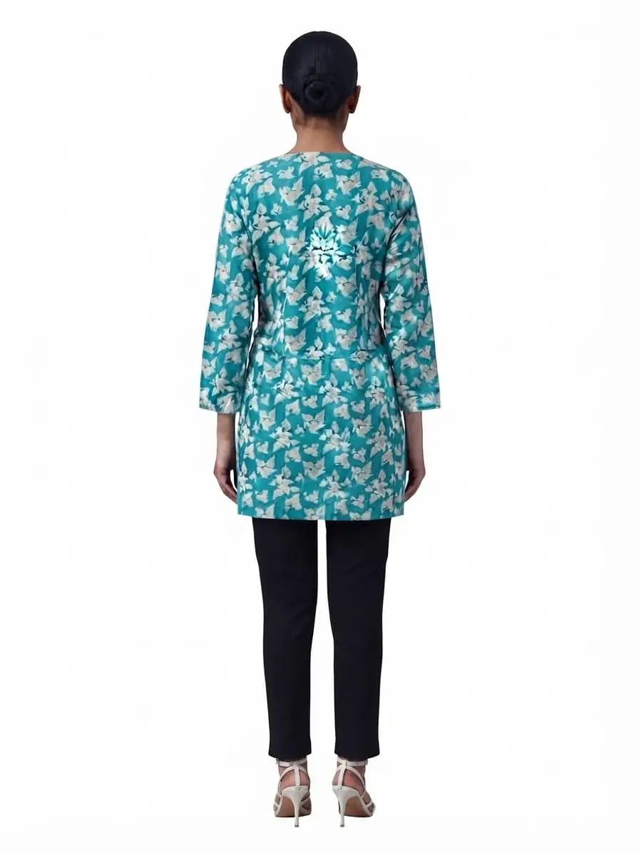 LCF CHIKAN EMBROIDERY PRINTED SHORT TOP - BLUE view 3