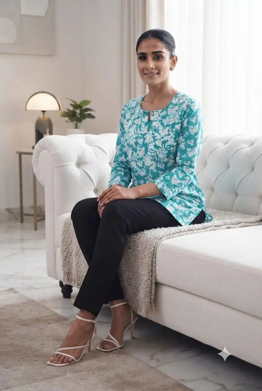 LCF CHIKAN EMBROIDERY PRINTED SHORT TOP - BLUE view 4