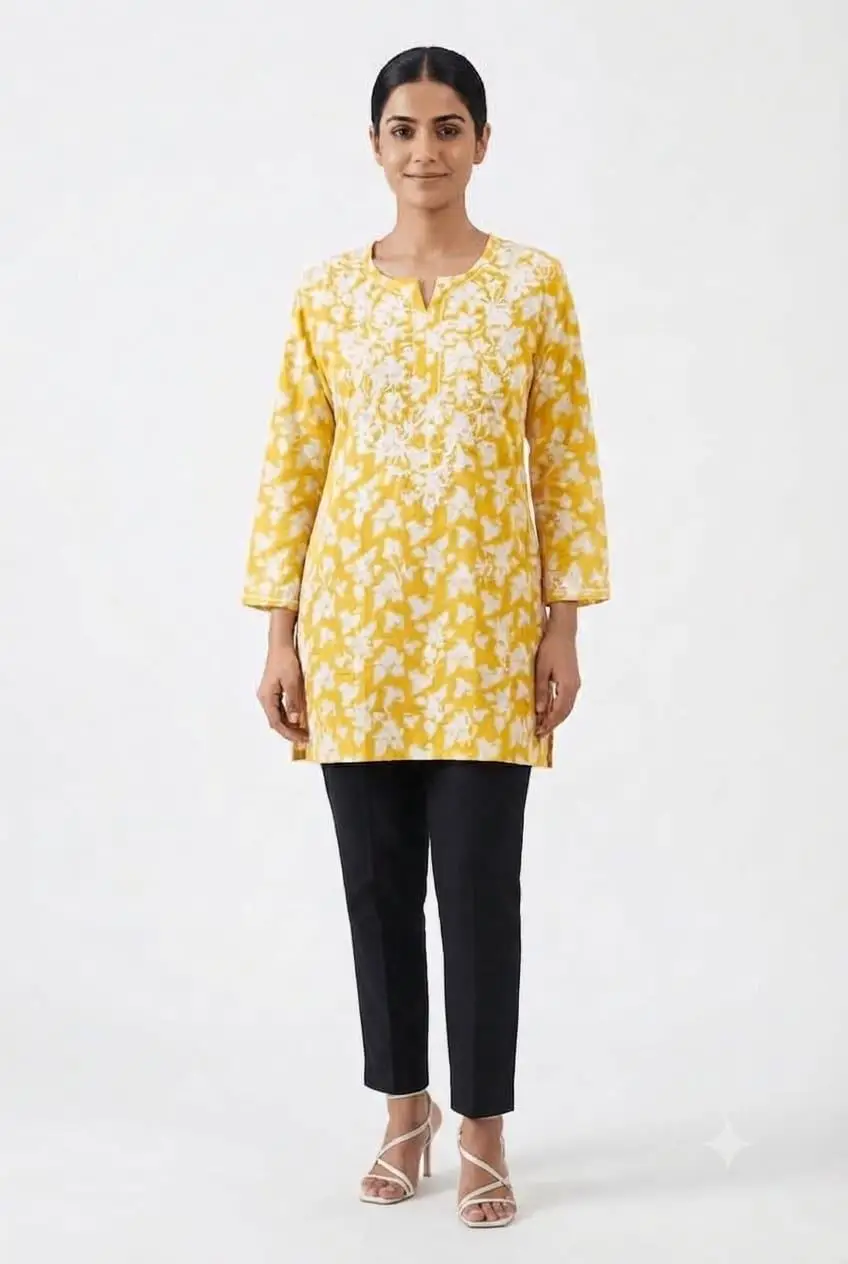 LCF CHIKAN EMBROIDERY PRINTED SHORT TOP - DARK YELLOW