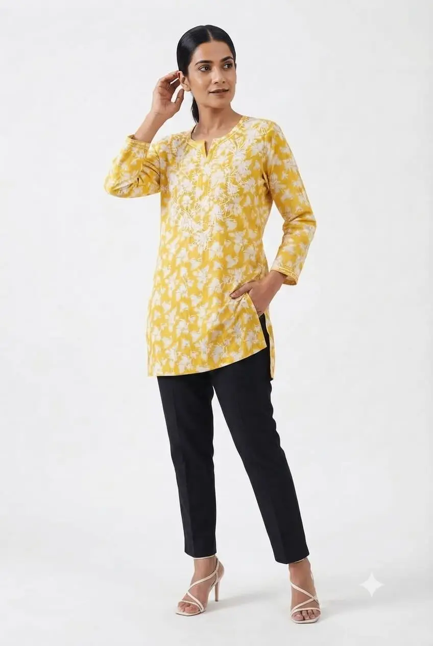 LCF CHIKAN EMBROIDERY PRINTED SHORT TOP - DARK YELLOW view 2