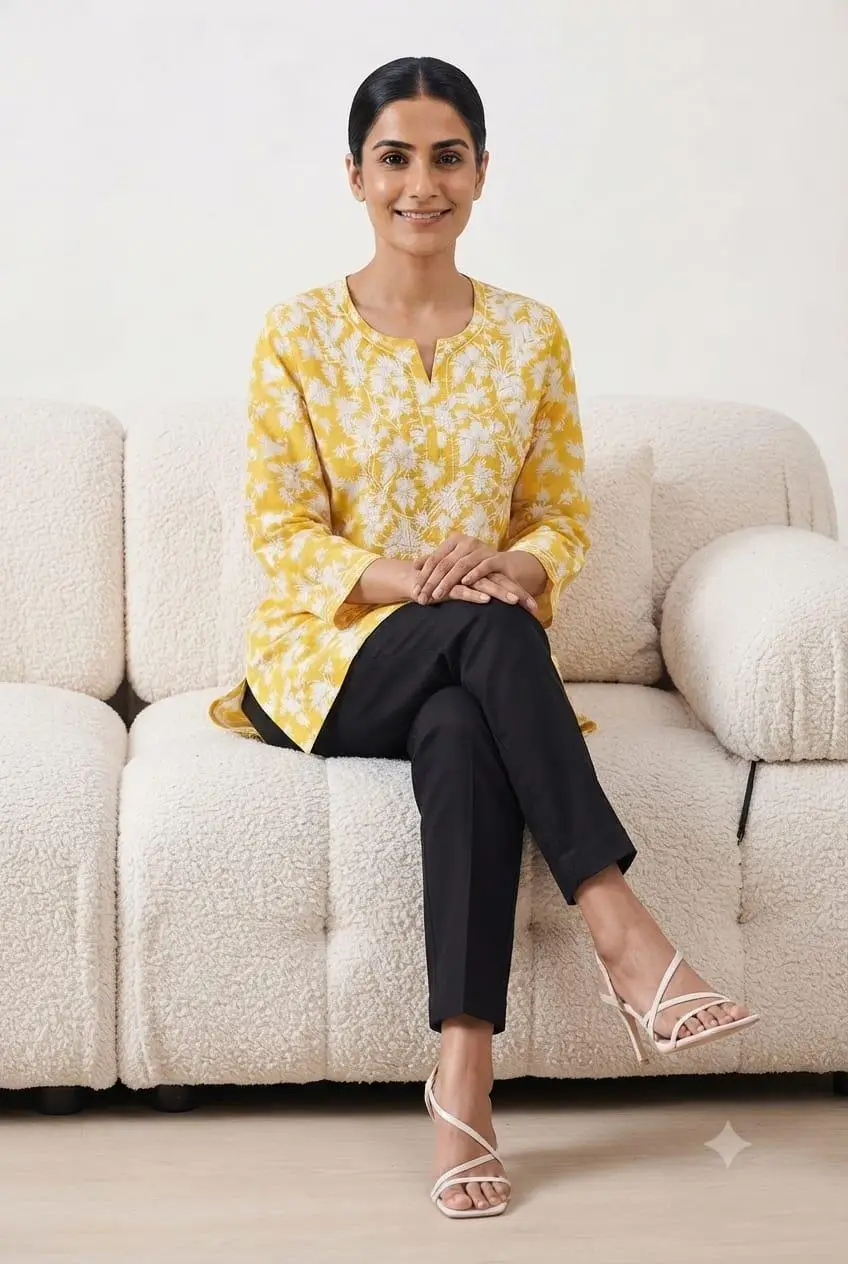 LCF CHIKAN EMBROIDERY PRINTED SHORT TOP - DARK YELLOW view 4
