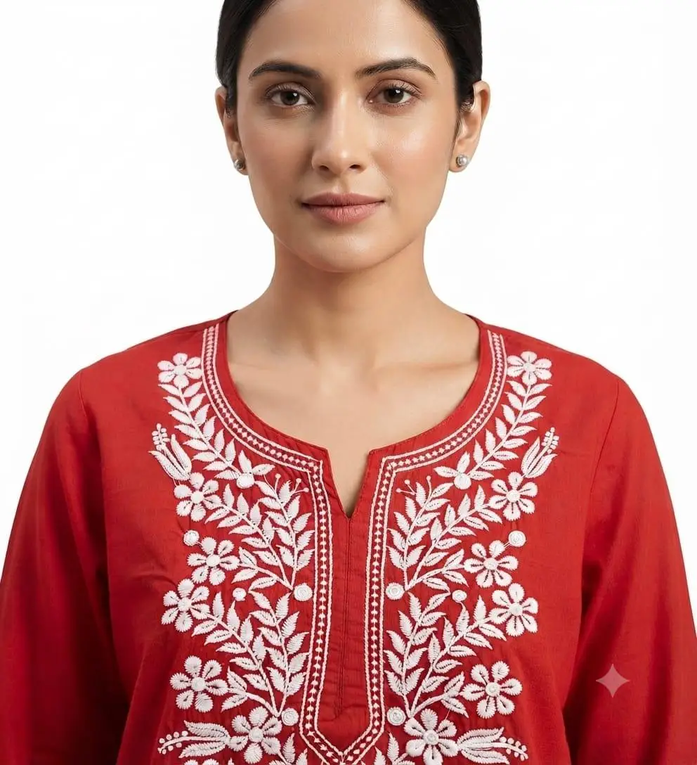 LCF CHIKAN EMBROIDERY REYON LONG KURTI - RED view 2
