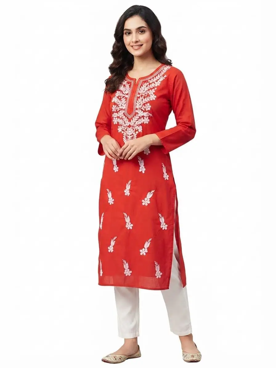 LCF CHIKAN EMBROIDERY REYON LONG KURTI - RED view 3