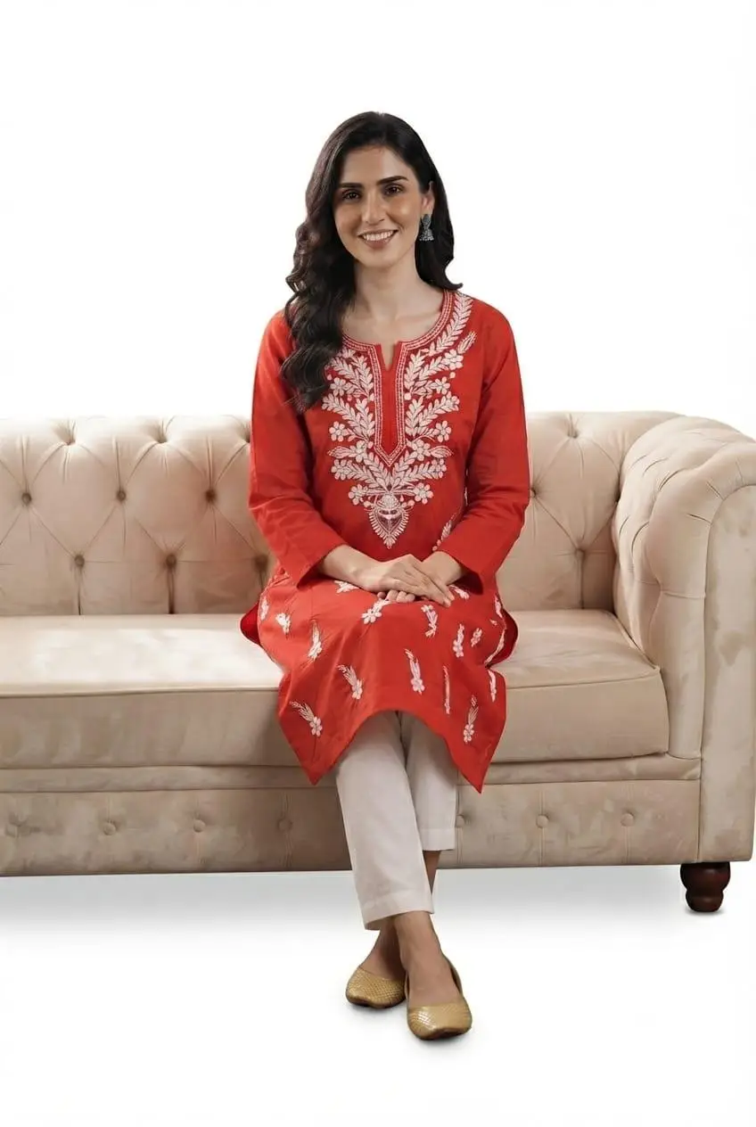 LCF CHIKAN EMBROIDERY REYON LONG KURTI - RED view 5
