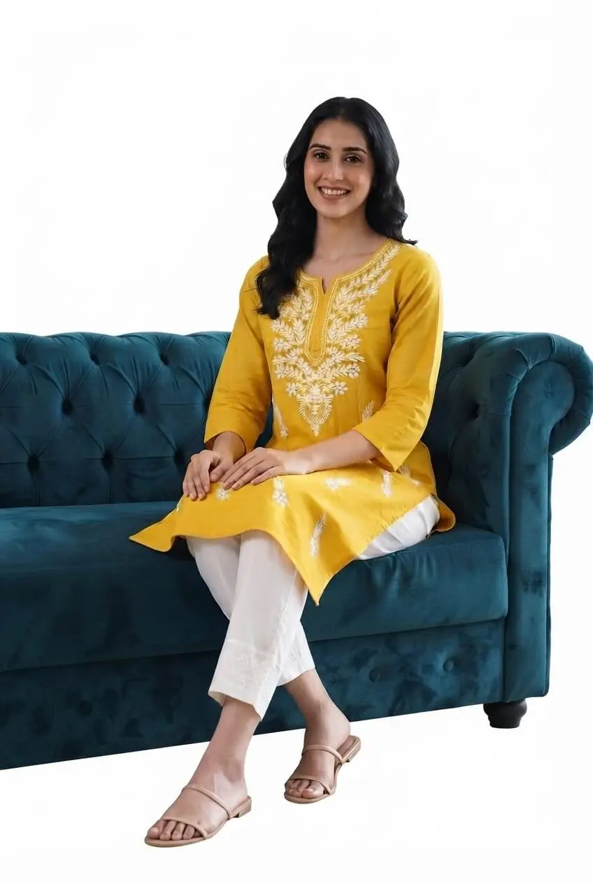 LCF CHIKAN EMBROIDERY REYON LONG KURTI - YELLOW view 4