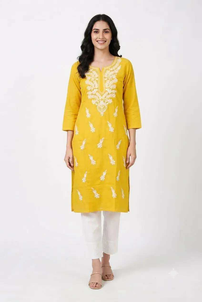 LCF CHIKAN EMBROIDERY REYON LONG KURTI - YELLOW