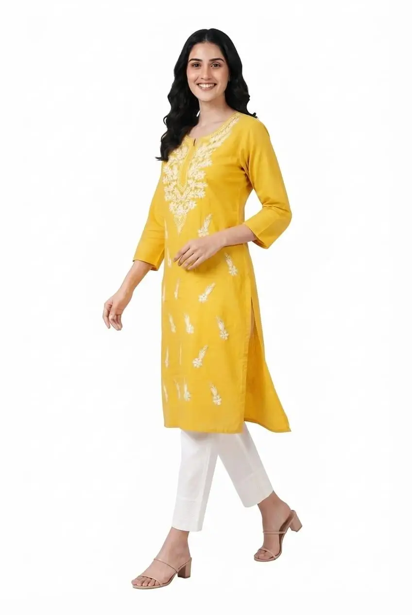 LCF CHIKAN EMBROIDERY REYON LONG KURTI - YELLOW view 2