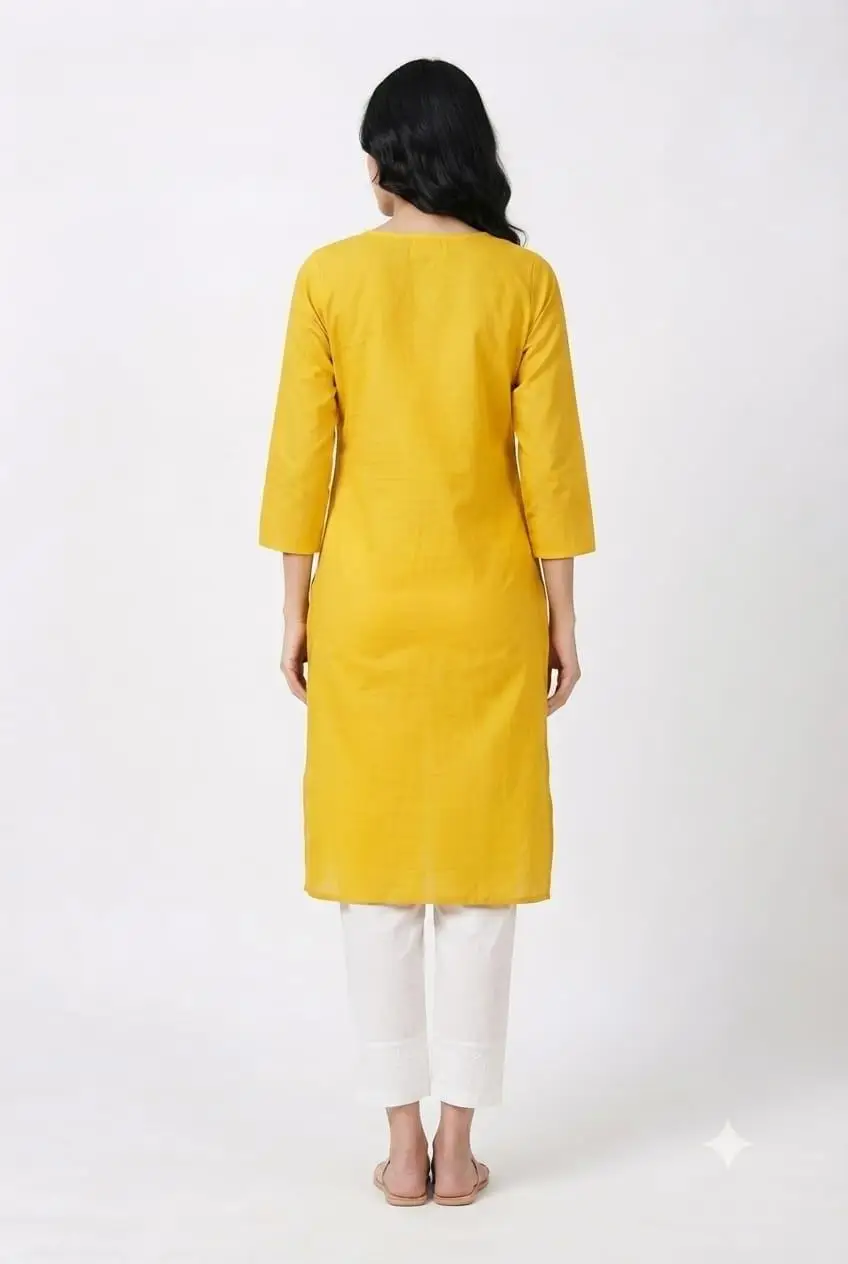LCF CHIKAN EMBROIDERY REYON LONG KURTI - YELLOW view 3